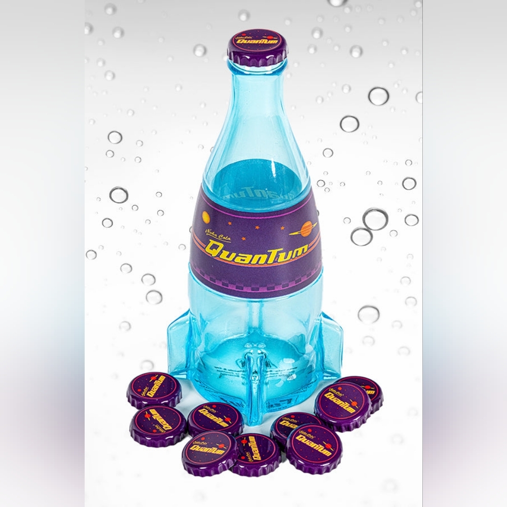 Fallout Nuka Cola Quantum Glass Bottle + 10 Bottle Caps Tin Rocket Statue